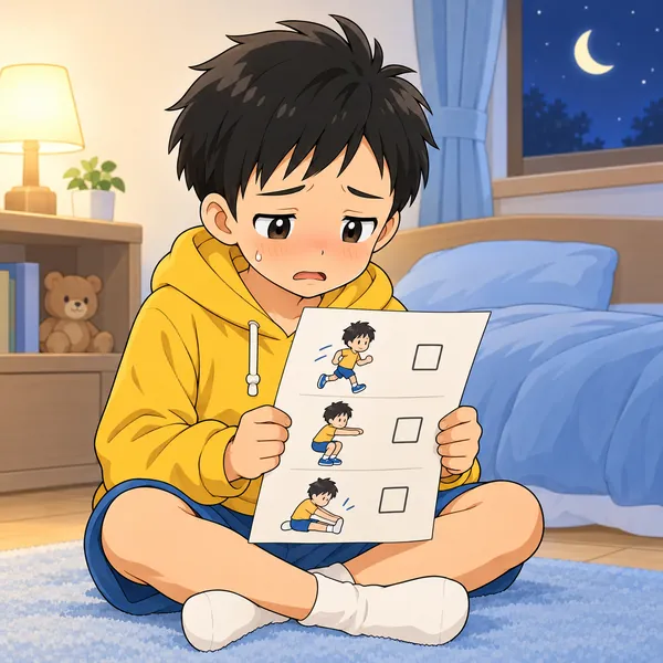 夜。ハルが熱っぽい顔で、毎日の練習メニューの紙を見て、できそうにないと感じている