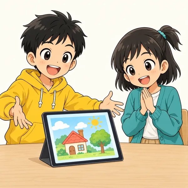 タブレットに出た絵を前に、ハルが得意げに両手を広げている。