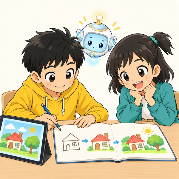 ハルがノートに手順を書きとめ、ミオとAIロボットがのぞきこんでいる。