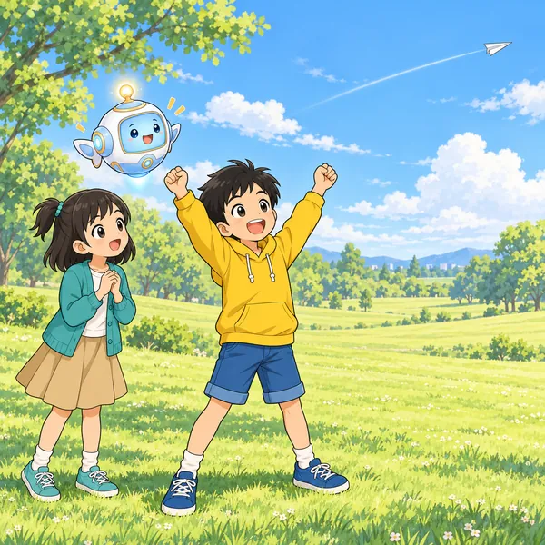 公園で、ハルの紙ひこうきがとても遠くまで飛び、ハルが大喜びしている。