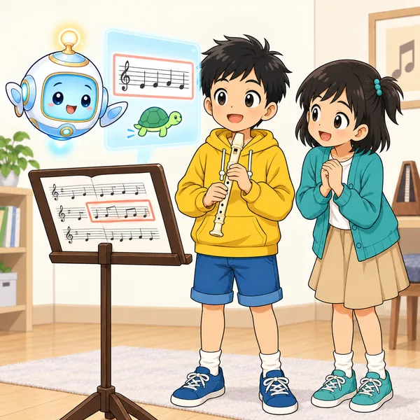 アイが、むずかしい所だけを取り出してゆっくり練習する方法を見せている