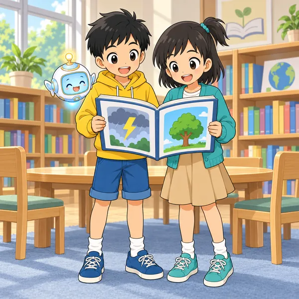 ミオとハルが、図書室で防災の本を見ている。