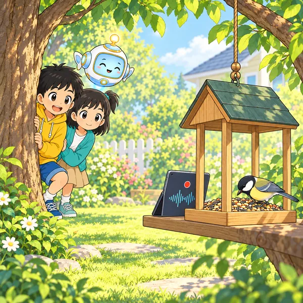 えさ台の近くにタブレットを置き、ハルとミオが木のかげで待っている。