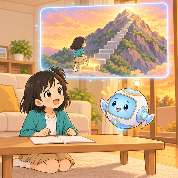 AIロボットが、大きな山を小さな階段に分けた絵を見せている。