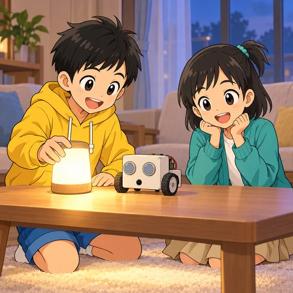 夕方の部屋で、ハルが手作りロボットのそばにライトを置いている。
