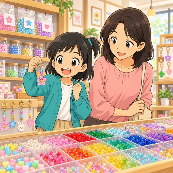 手芸店で、ミオがビーズの見本を見て、たくさん作ろうとわくわくしている。