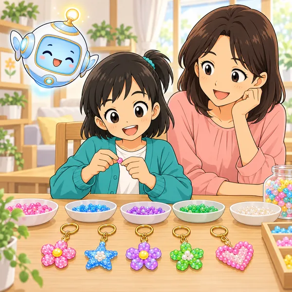 ミオが家で、キーホルダーを5つだけ作って満足している。