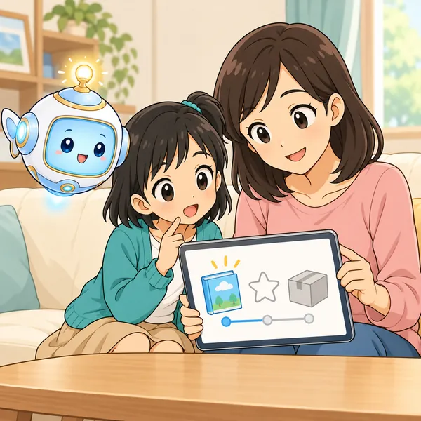 ミオとお母さんが、まだ届いていない本の取り引き画面を見ている。
