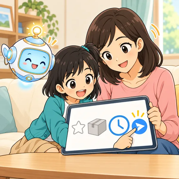 ミオがお母さんといっしょに、届いてから評価すると返事をして安心している。