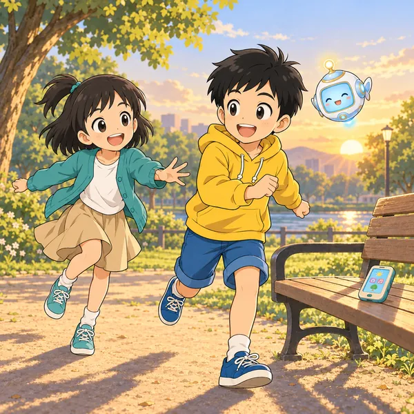 夕方前の公園で、ミオがハルと遊び、ベンチにスマホが置いてある。
