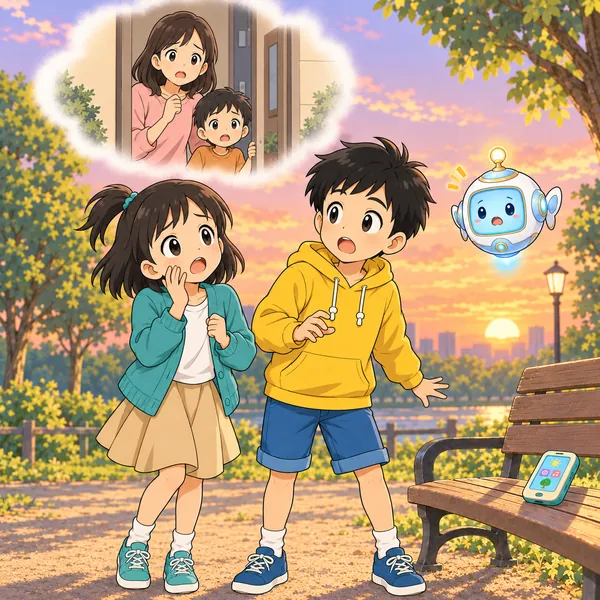 空が夕やけ色になり、ミオがはっとして、家で心配して待つお母さんと弟を思いうかべている。