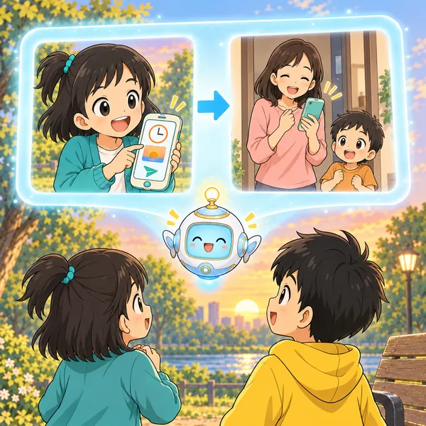 AIロボットが、家族に先に知らせると家族が安心する絵を窓に見せている。