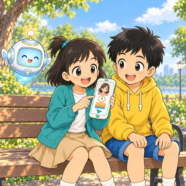 公園のベンチで、ミオがお母さんにメッセージを送ってにっこりしている。