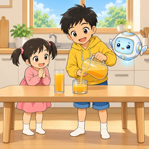 ハルが二つの形のちがうコップにジュースを注いでいる。