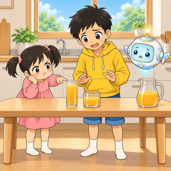 妹がほっぺをふくらませ、ハルがこまっている。