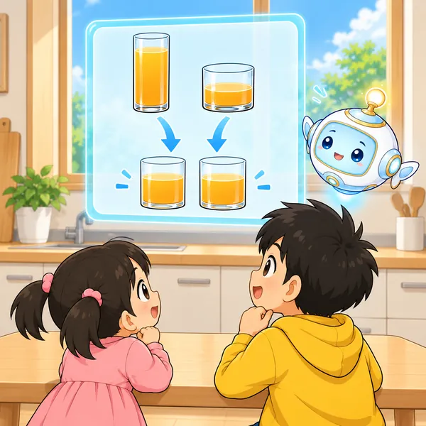 AIロボットが、同じ形のコップに移すと同じ高さになる絵を見せている。
