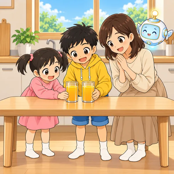 ハルと妹が同じ高さのジュースを見て笑っている。