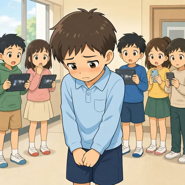 場面が変わり、その写真をみんなに見られてしまった別の見知らぬ小学生の子が、はずかしそうにうつむいて悲しい表情をしている
