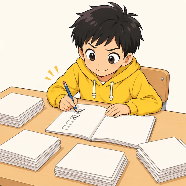 ハルが宿題を小さな束に分け、一束終わるごとにノートにチェックマークを書いている