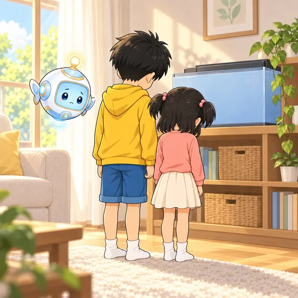 ハルと妹が、水そうの前でならんで立ちつくしている。