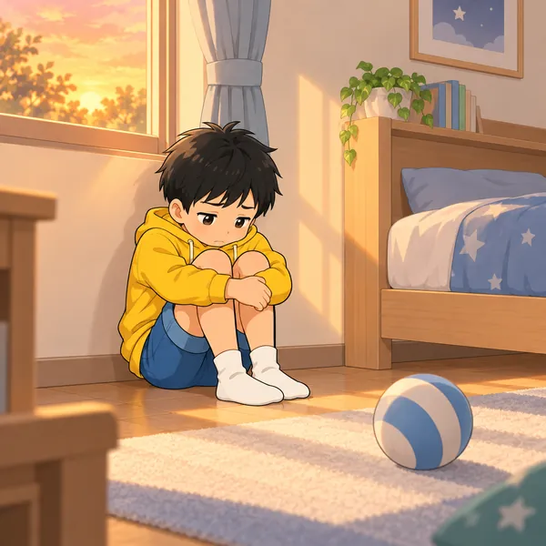 ハルが自分の部屋のすみで、ひざをかかえている。