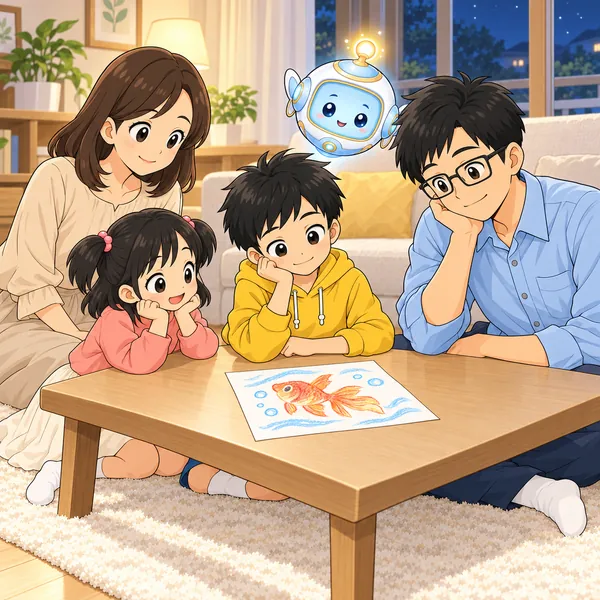 ハルが家族と、元気に泳ぐ金魚の絵を見ながら思い出を話している。