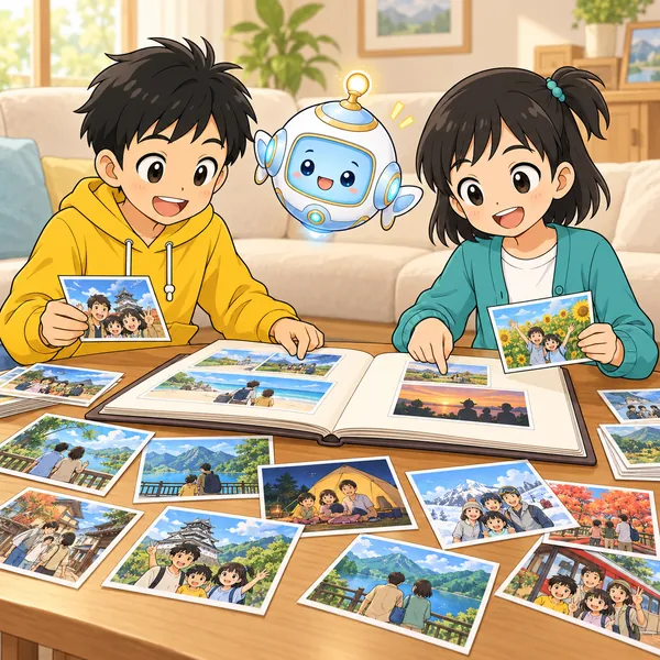 リビングのテーブルで、ハルとミオが家族旅行の写真を広げてアルバム用に選び、AIロボットが手伝おうとしている。
