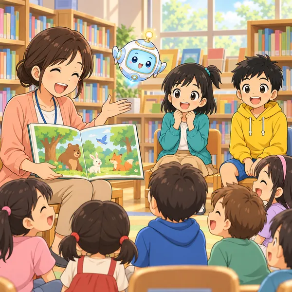 図書館のお話会で、職員が小さな子たちに読み聞かせをしていて、ミオが見ている。