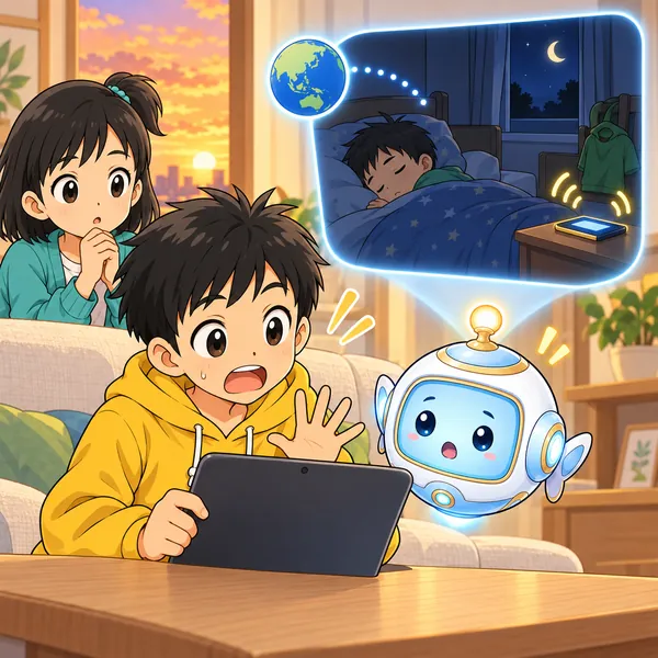 AIロボットが、夜の部屋で寝ている友だちのそばで機械が鳴る絵を見せ、ハルがはっとしている。
