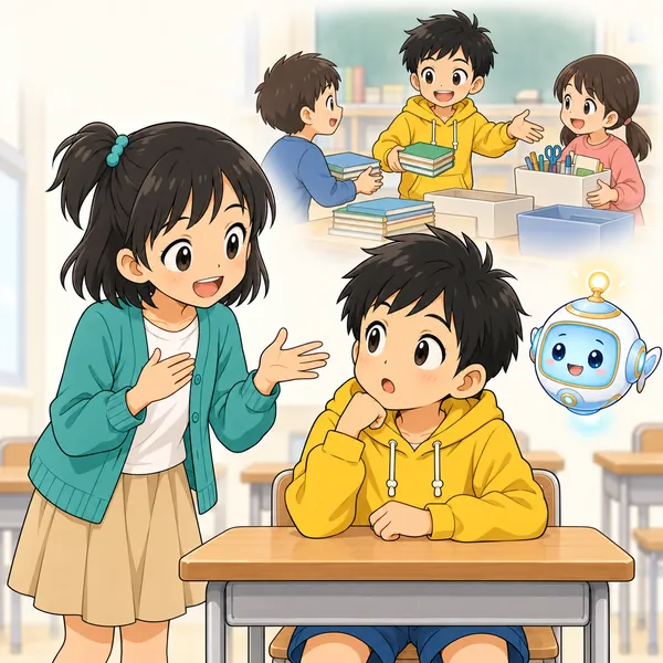 ミオが、係の仕事でみんなをまとめていたことを話している