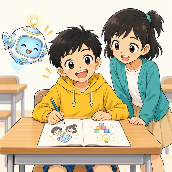ハルが顔を上げ、自分の得意なことをノートに書き出している