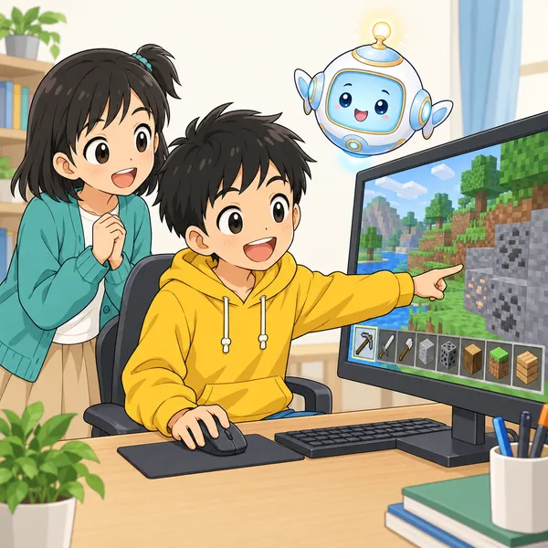 ハルがブロックの世界のゲームに夢中で、道具や素材にくわしいところを見せている