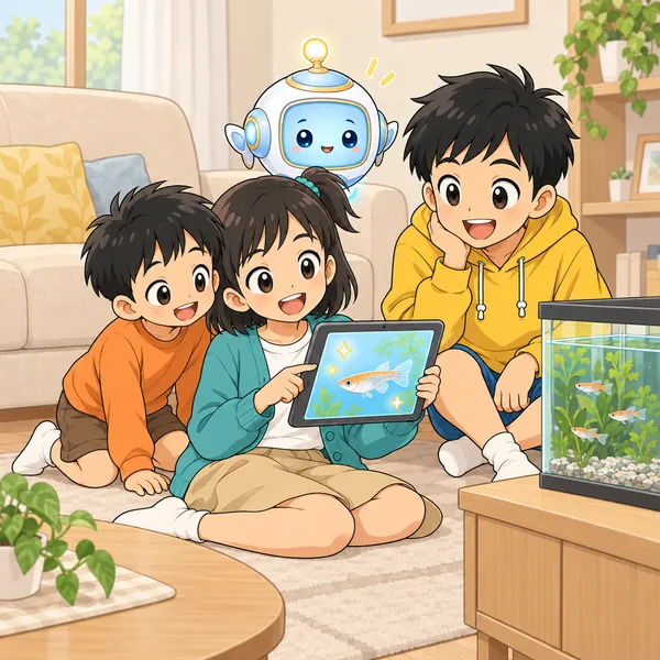 ミオが、めだかの水そうの横でタブレットを見て、専門家の話を信じかけている。