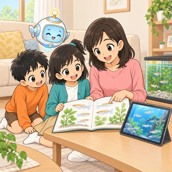 ミオが母といっしょに飼い方の本を開いて確かめている。