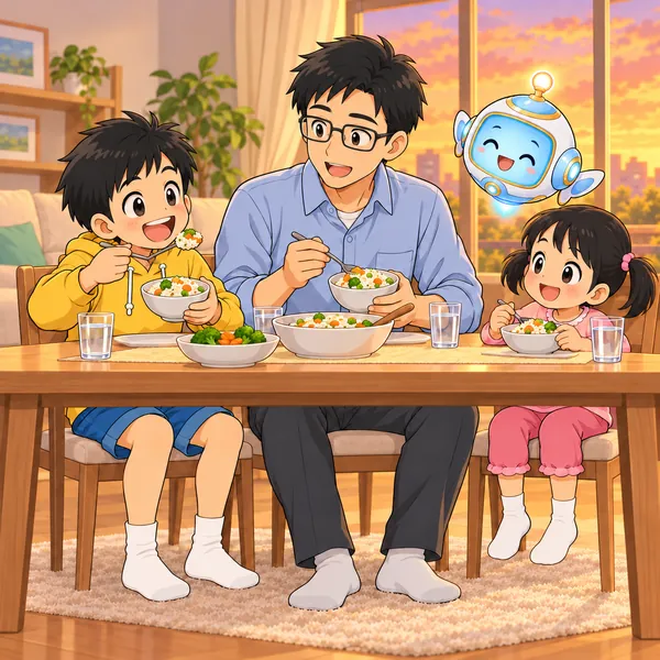ハルが夕ごはんをもりもり食べ、父と妹がにっこりしている。