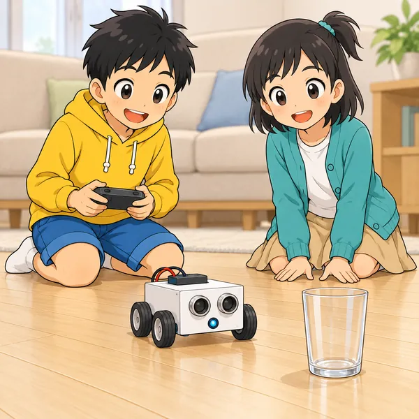 リビングの床で、ハルが手作りのロボットを走らせ、前に透明なコップが置かれている。