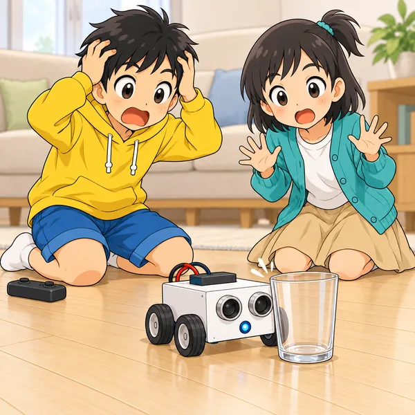 ロボットがガラスのコップにぶつかって止まり、ハルが頭をかかえている。