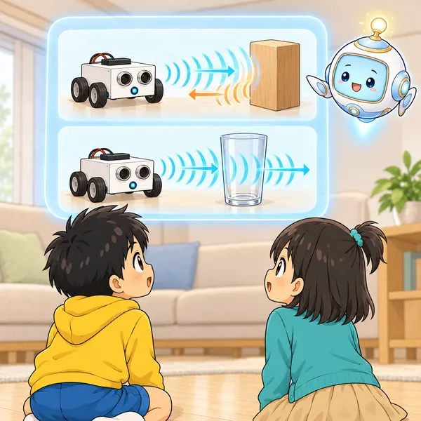 AIロボットが、木のブロックでは光がはね返り、コップでは通りぬける様子を光の窓で見せている。