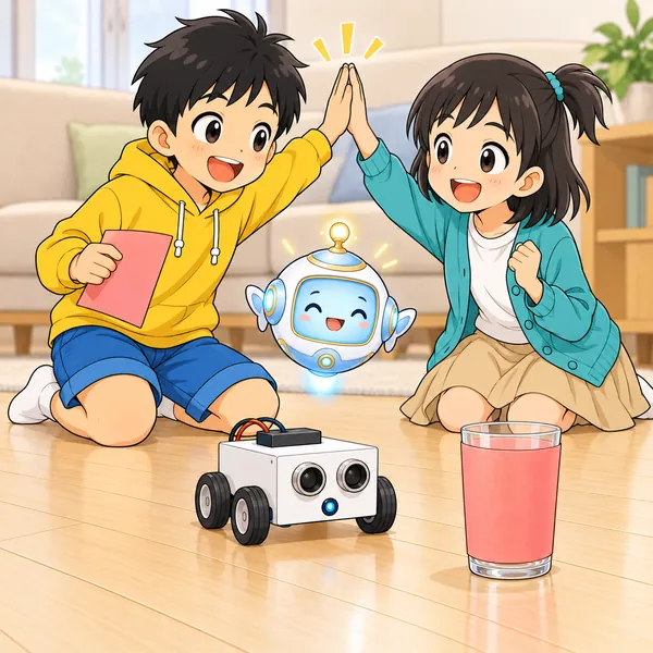 色紙を巻いたコップの手前でロボットが止まり、ハルとミオがハイタッチしている。
