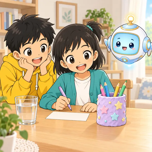 ミオが、手作りのペン立ての説明カードを書こうとして、得意げにしている。