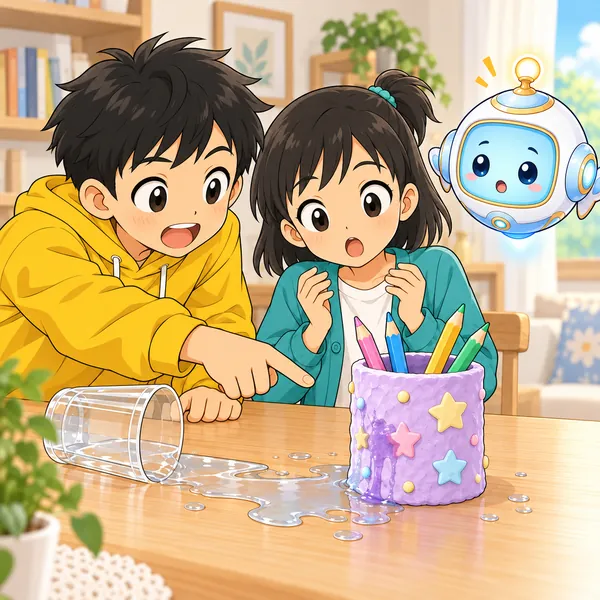 ハルが、水で色がにじんだペン立てを指さしてミオに話している。