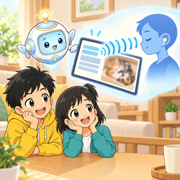 AIロボットが、読み上げを聞く人のシルエットを浮かべ、写真の部分だけ伝わっていないようすを示している。