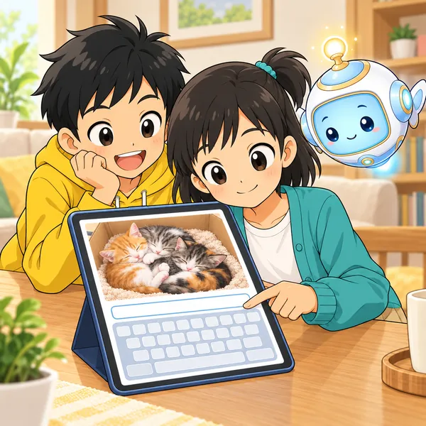 ミオが写真の下の欄に説明を入力し、ハルとAIロボットがのぞきこんでいる。