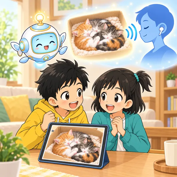 読み上げを聞く人のそばに子ねこの絵が浮かび、ミオとハルが顔を見合わせて喜んでいる。