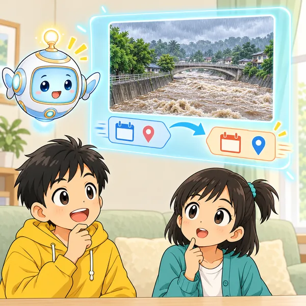 AIロボットが、写真の説明の札がすりかえられる絵を見せている。