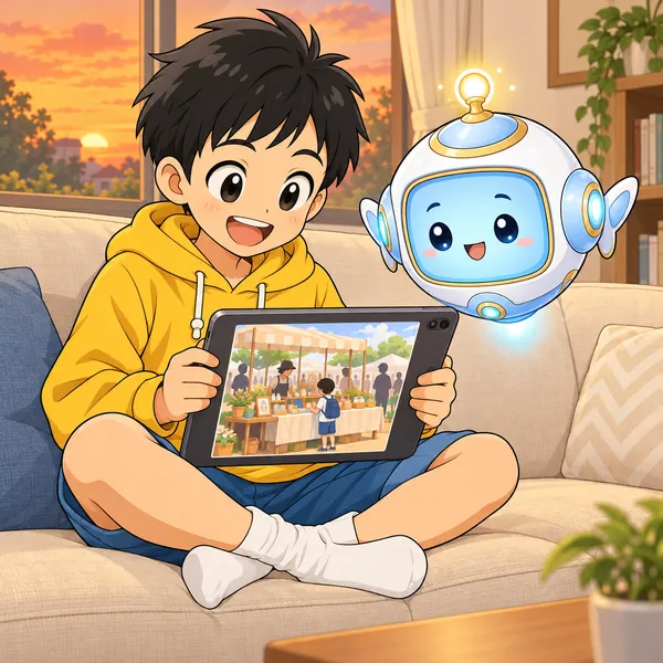 ハルが、子ども市の写真を見て楽しそうにしている。