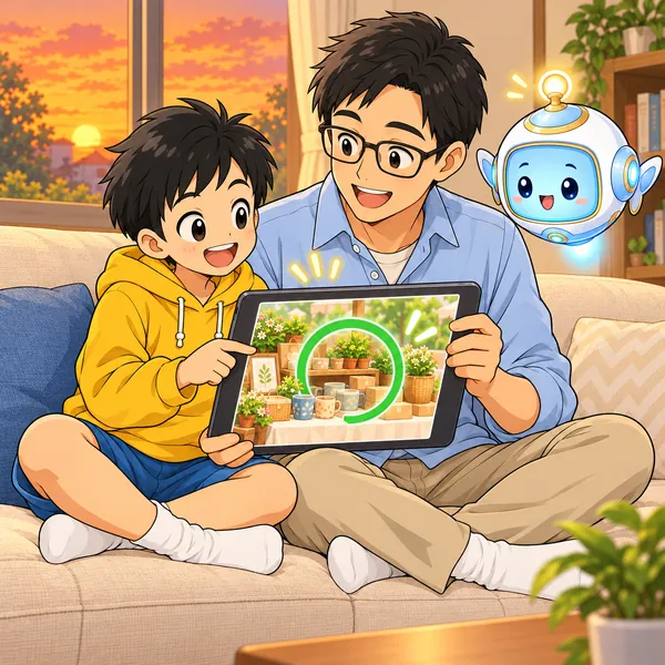 ハルと父が、品物だけの写真を選んでうなずいている。