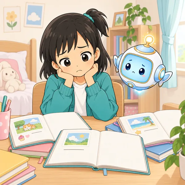 とちゅうで白いままの日記のノートが積まれ、ミオががっかりしている。