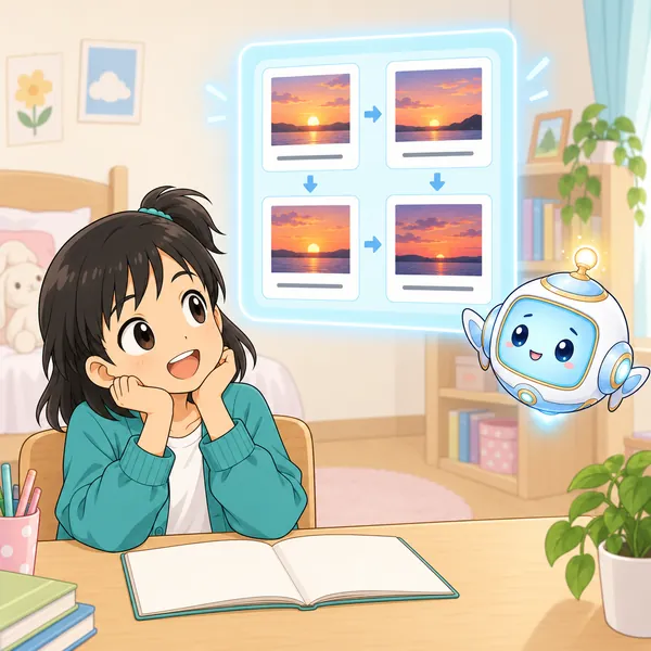 AIロボットの窓に、夕焼けの写真と短い一言が毎日並んでいく日記の形がうかんでいる。