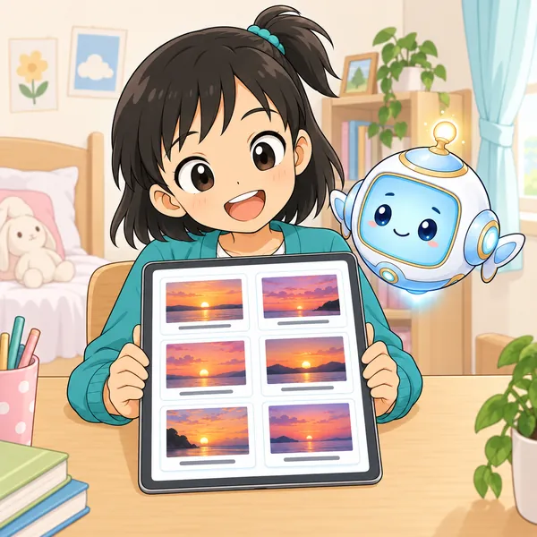 ミオがタブレットで、写真と一言が何日分も並んだ画面を見てほほえんでいる。